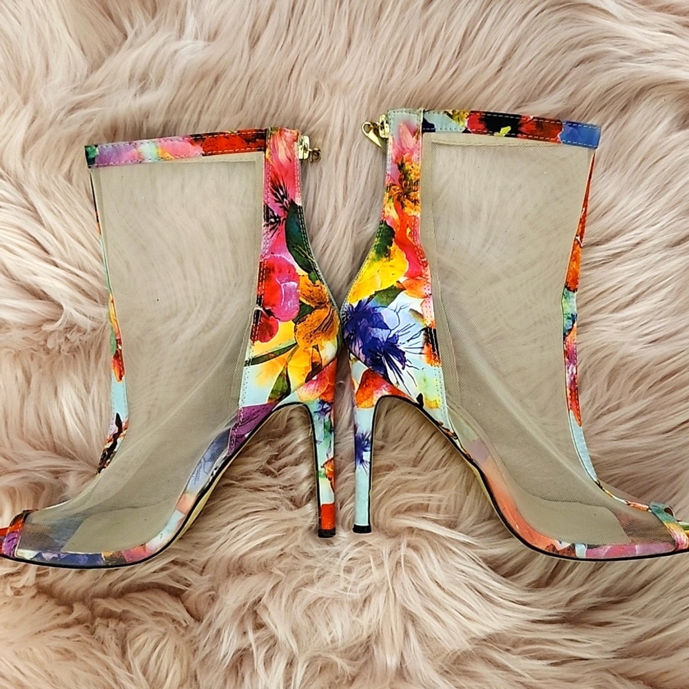 PRE-LOVED WILD ROSE FLORAL MESH OPEN-TOE STILETTO BOOTIES-7